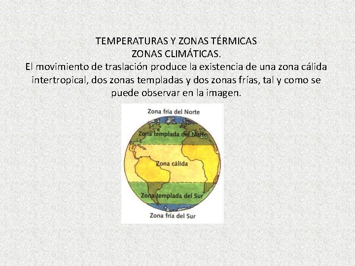 TEMPERATURAS Y ZONAS TÉRMICAS ZONAS CLIMÁTICAS. El movimiento de traslación produce la existencia de TEMPERATURAS Y ZONAS TÉRMICAS ZONAS CLIMÁTICAS. El movimiento de traslación produce la existencia de