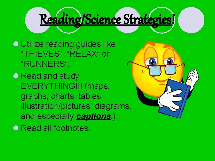 Reading/Science Strategies! l Utilize reading guides like “THIEVES”, “RELAX” or “RUNNERS”. l Read and Reading/Science Strategies! l Utilize reading guides like “THIEVES”, “RELAX” or “RUNNERS”. l Read and