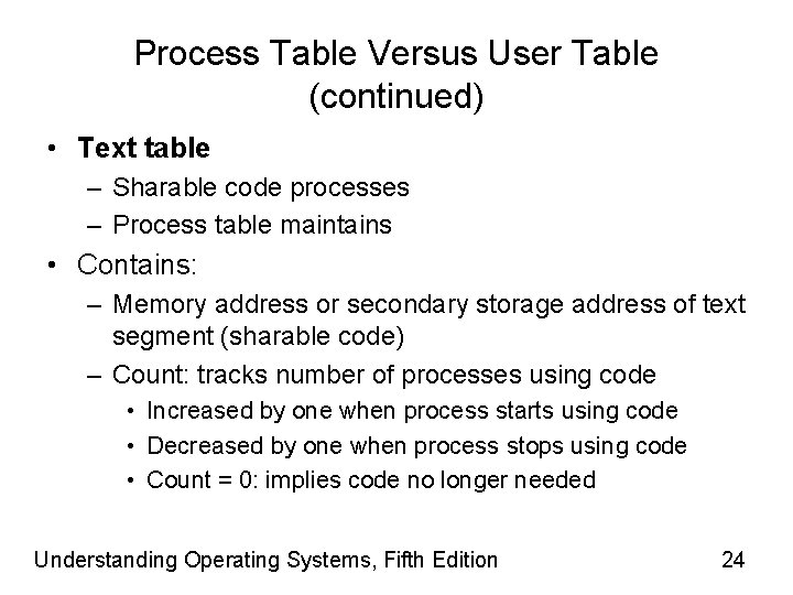 Process Table Versus User Table (continued) • Text table – Sharable code processes –