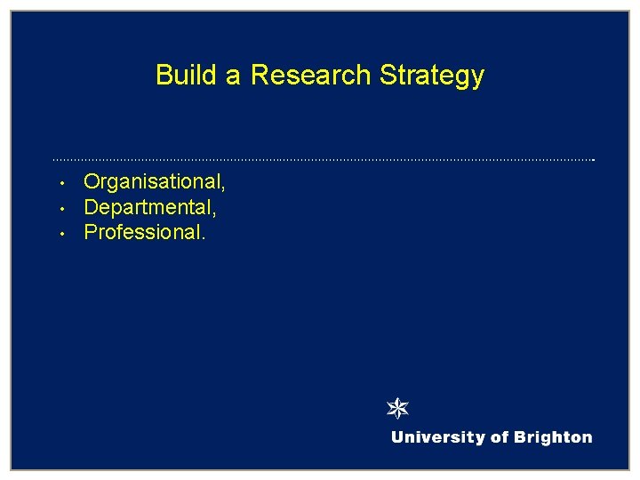 Build a Research Strategy • • • Organisational, Departmental, Professional. 