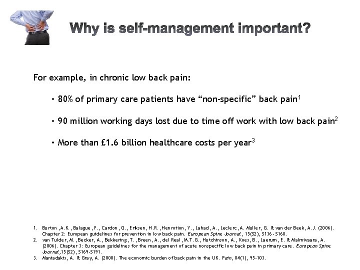 For example, in chronic low back pain: • 80% of primary care patients have