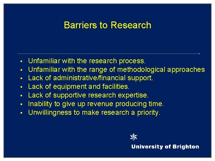 Barriers to Research § § § § Unfamiliar with the research process. Unfamiliar with