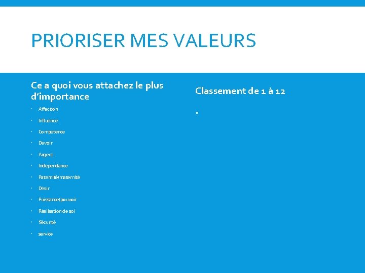 PRIORISER MES VALEURS Ce a quoi vous attachez le plus d’importance Affection Influence Compétence