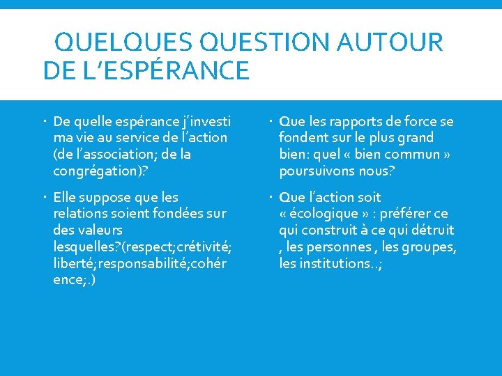  QUELQUESTION AUTOUR DE L’ESPÉRANCE De quelle espérance j’investi ma vie au service de