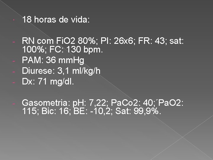  18 horas de vida: RN com Fi. O 2 80%; PI: 26 x