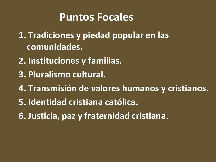 Puntos Focales 1. Tradiciones y piedad popular en las comunidades. 2. Instituciones y familias.