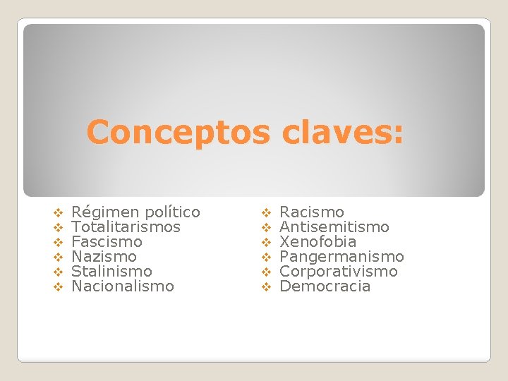 Conceptos claves: v v v Régimen político Totalitarismos Fascismo Nazismo Stalinismo Nacionalismo v v