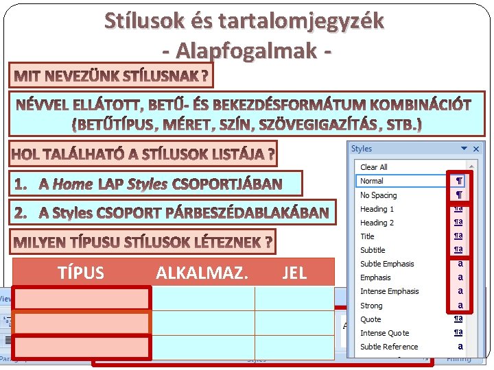 Stílusok és tartalomjegyzék - Alapfogalmak - MIT NEVEZÜNK STÍLUSNAK ? NÉVVEL ELLÁTOTT, BETŰ- ÉS