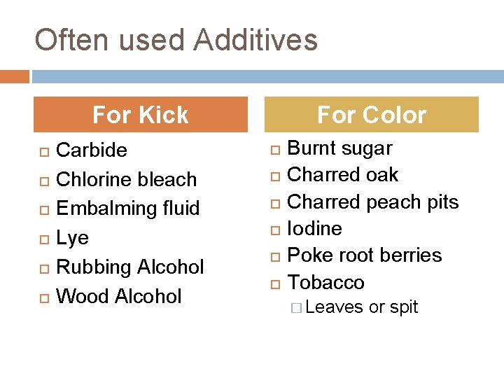 Often used Additives For Kick Carbide Chlorine bleach Embalming fluid Lye Rubbing Alcohol Wood
