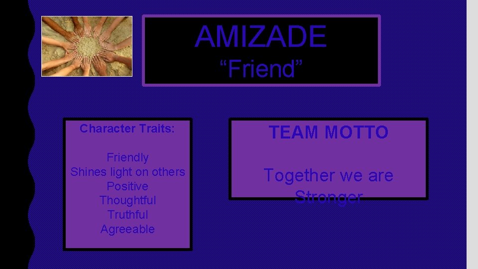 AMIZADE “Friend” Character Traits: Friendly Shines light on others Positive Thoughtful Truthful Agreeable TEAM