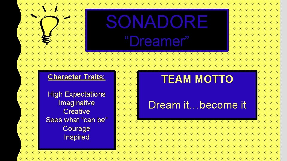 SONADORE “Dreamer” Character Traits: High Expectations Imaginative Creative Sees what “can be” Courage Inspired