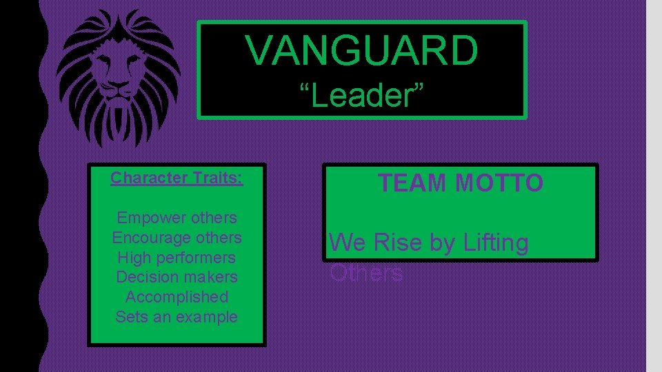 VANGUARD “Leader” Character Traits: Empower others Encourage others High performers Decision makers Accomplished Sets