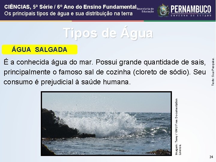 CIÊNCIAS, 5ª Série / 6º Ano do Ensino Fundamental Os principais tipos de água