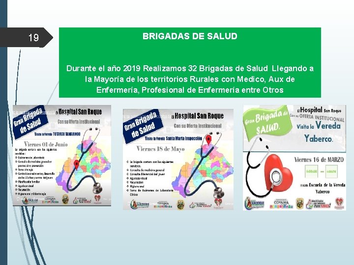  19 BRIGADAS DE SALUD Durante el año 2019 Realizamos 32 Brigadas de Salud