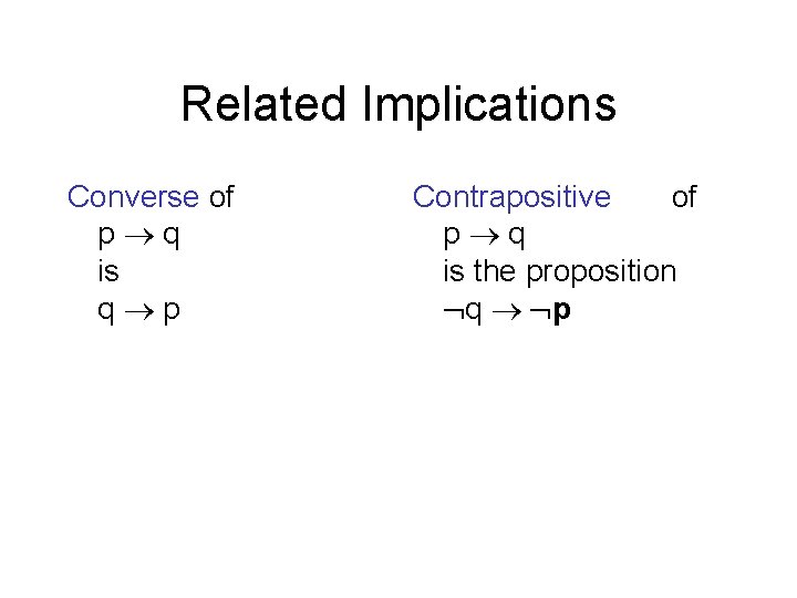 Related Implications Converse of p q is q p Contrapositive of p q is