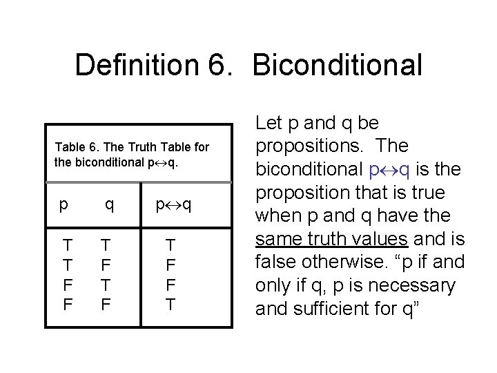 Definition 6. Biconditional Table 6. The Truth Table for the biconditional p q T