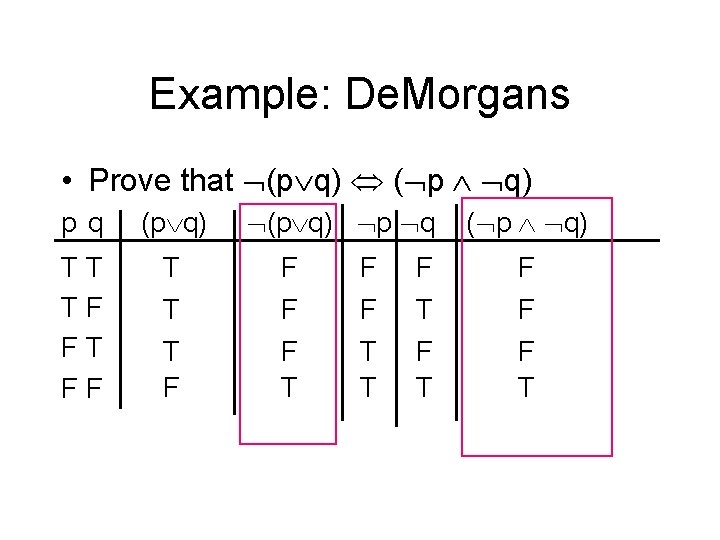Example: De. Morgans • Prove that (p q) ( p q) (p q) p