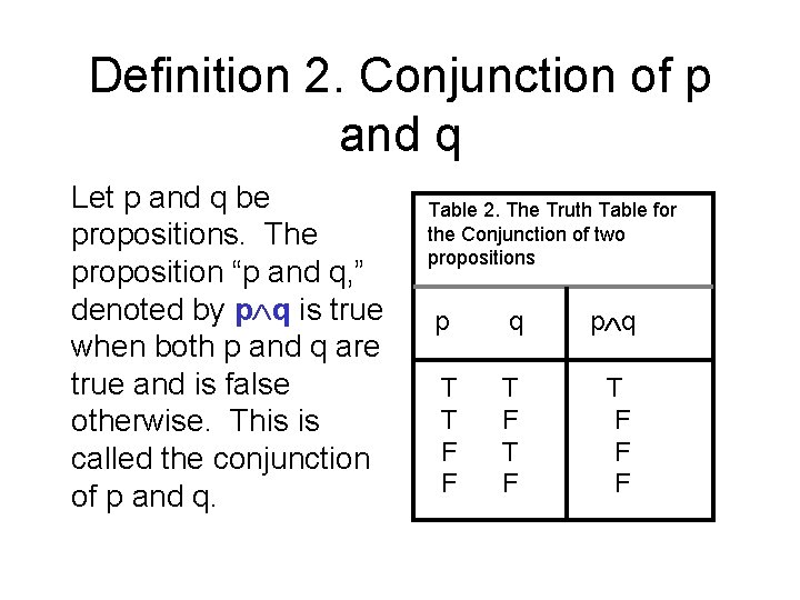 Definition 2. Conjunction of p and q Let p and q be propositions. The