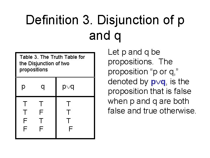 Definition 3. Disjunction of p and q Table 3. The Truth Table for the