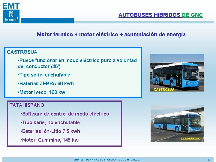 AUTOBUSES HIBRIDOS DE GNC Motor térmico + motor eléctrico + acumulación de energía CASTROSUA