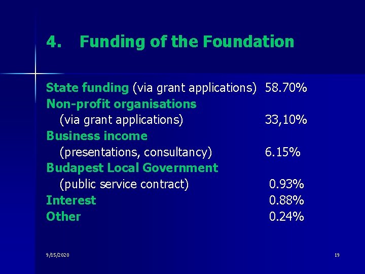 4. Funding of the Foundation State funding (via grant applications) Non-profit organisations (via grant