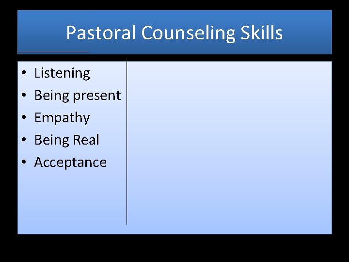 Pastoral Counseling Skills • • • Listening Being present Empathy Being Real Acceptance 