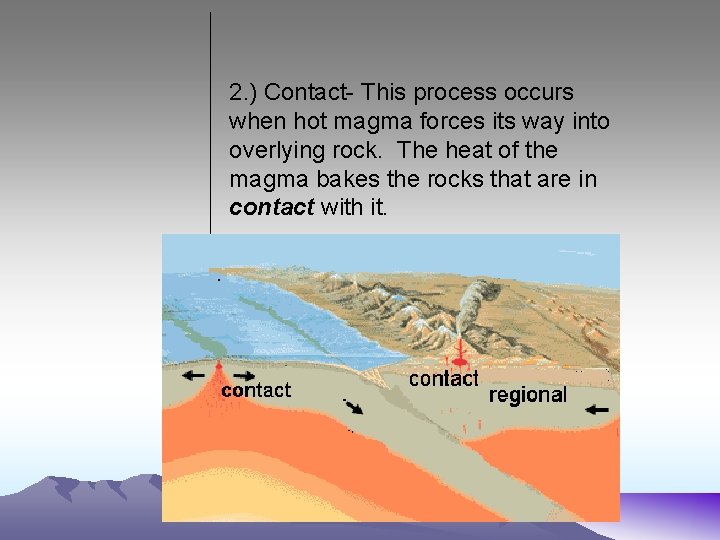 2. ) Contact- This process occurs when hot magma forces its way into overlying