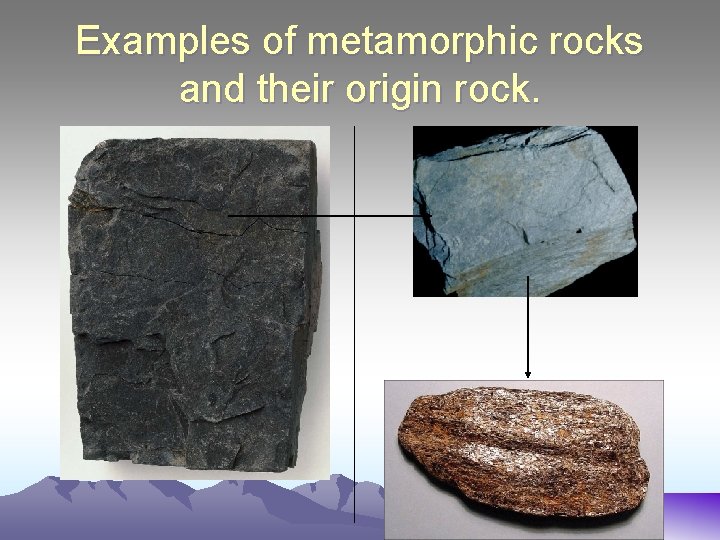 Examples of metamorphic rocks and their origin rock. 