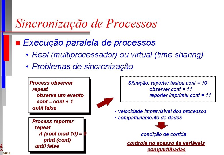 Sincronização de Processos n Execução paralela de processos • Real (multiprocessador) ou virtual (time