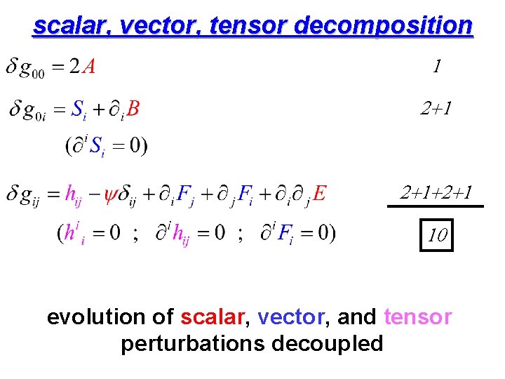 scalar, vector, tensor decomposition 1 2+1+2+1 10 evolution of scalar, vector, and tensor perturbations