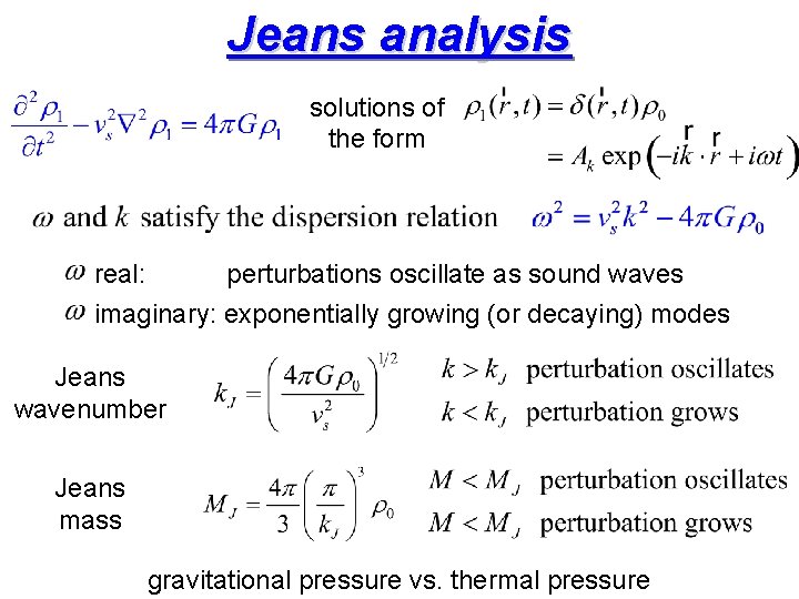 Jeans analysis solutions of the form real: perturbations oscillate as sound waves imaginary: exponentially