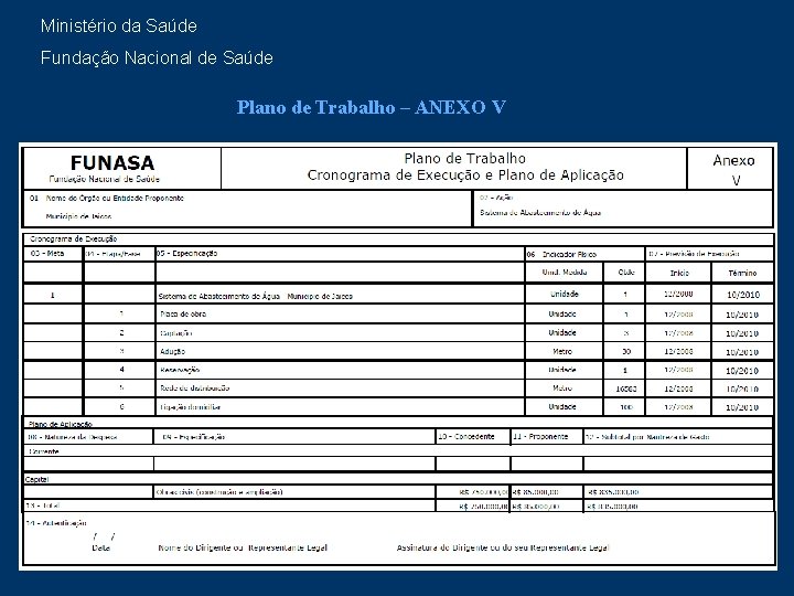 Ministério da Saúde Fundação Nacional de Saúde Plano de Trabalho – ANEXO V 