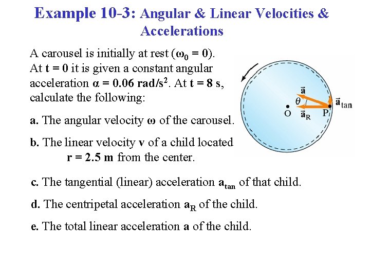 Example 10 -3: Angular & Linear Velocities & Accelerations A carousel is initially at