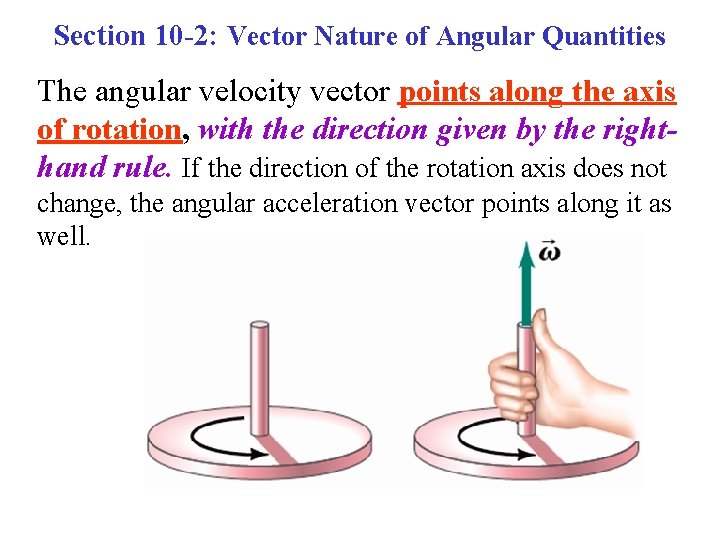 Section 10 -2: Vector Nature of Angular Quantities The angular velocity vector points along