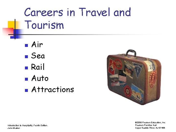 Careers in Travel and Tourism n n n Air Sea Rail Auto Attractions Introduction