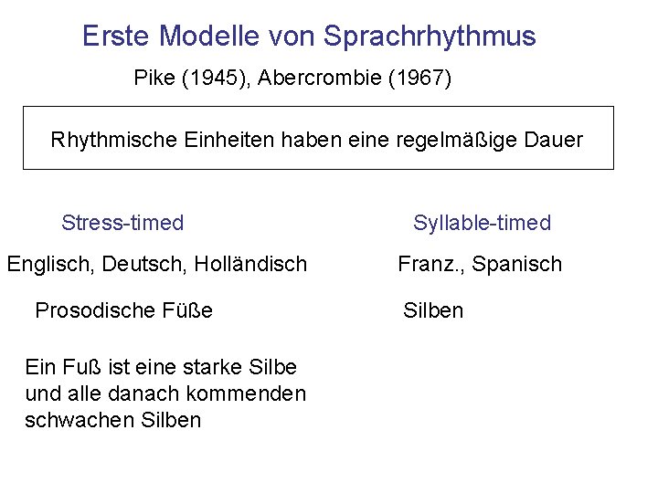 Erste Modelle von Sprachrhythmus Pike (1945), Abercrombie (1967) Rhythmische Einheiten haben eine regelmäßige Dauer