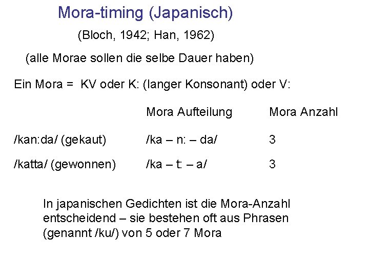 Mora-timing (Japanisch) (Bloch, 1942; Han, 1962) (alle Morae sollen die selbe Dauer haben) Ein