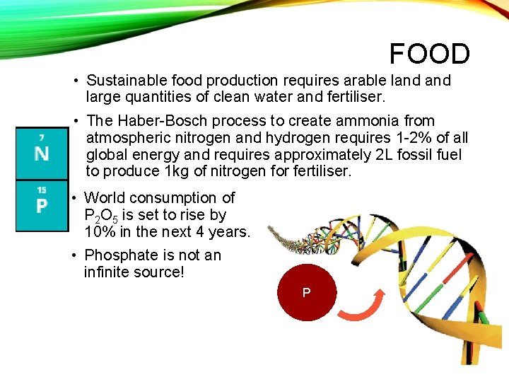 FOOD • Sustainable food production requires arable land large quantities of clean water and