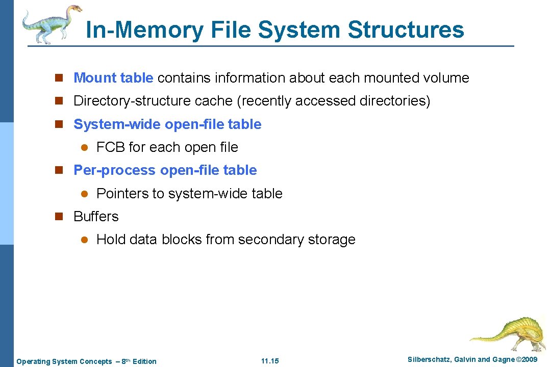 In-Memory File System Structures n Mount table contains information about each mounted volume n