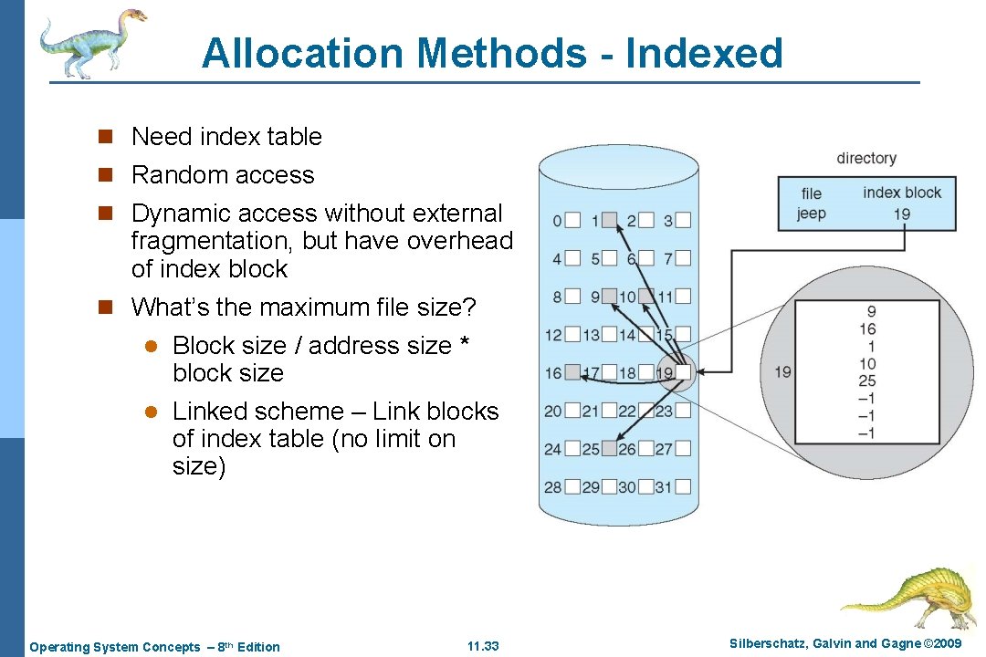 Allocation Methods - Indexed n Need index table n Random access n Dynamic access