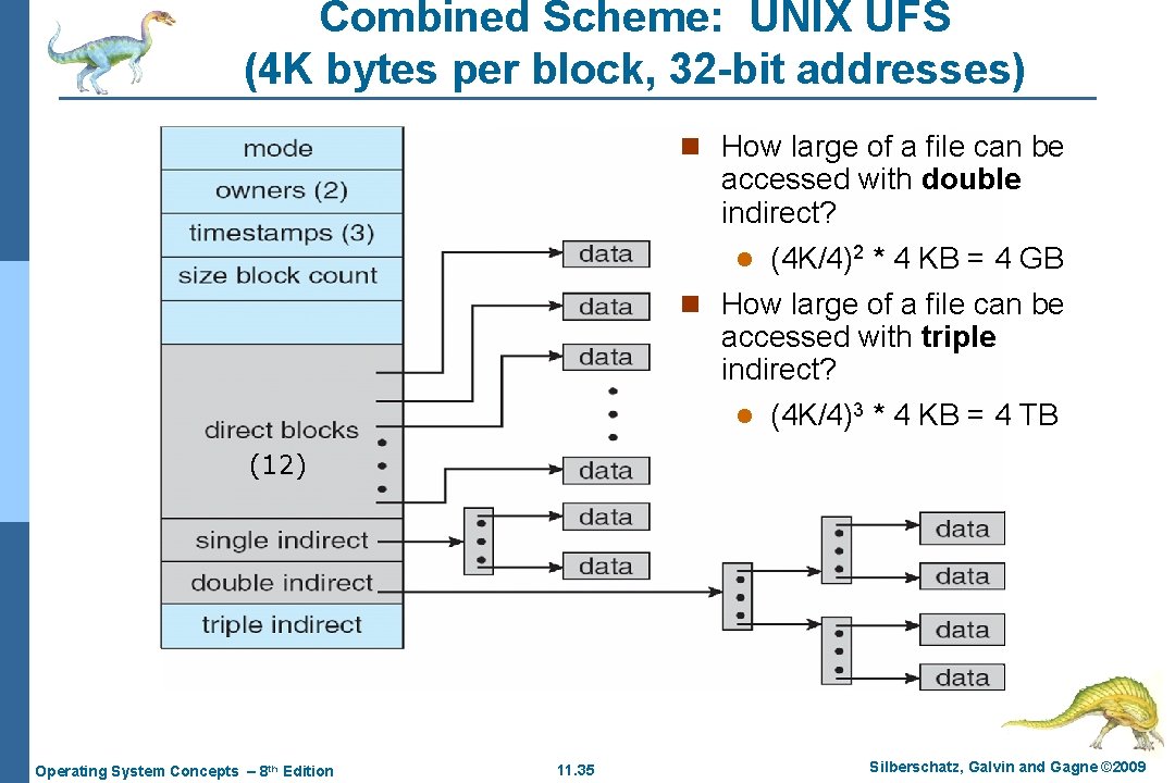 Combined Scheme: UNIX UFS (4 K bytes per block, 32 -bit addresses) n How