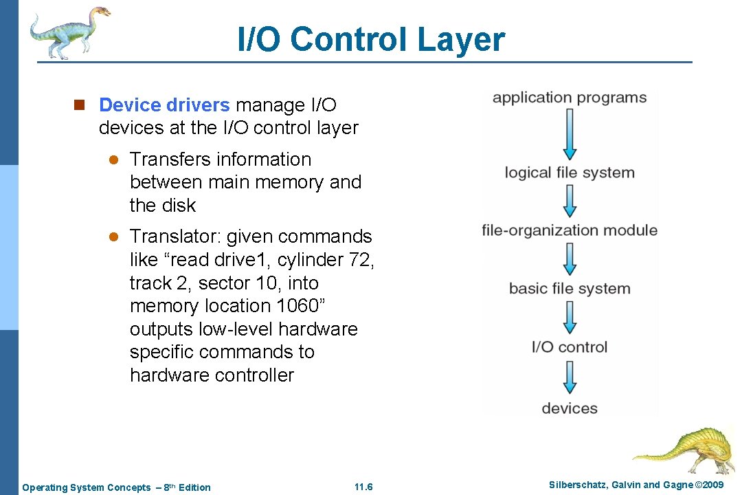 I/O Control Layer n Device drivers manage I/O devices at the I/O control layer