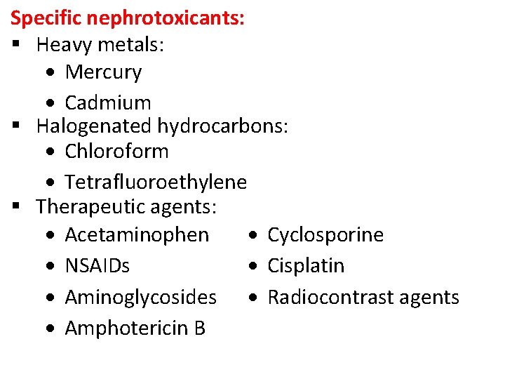 Specific nephrotoxicants: § Heavy metals: Mercury Cadmium § Halogenated hydrocarbons: Chloroform Tetrafluoroethylene § Therapeutic