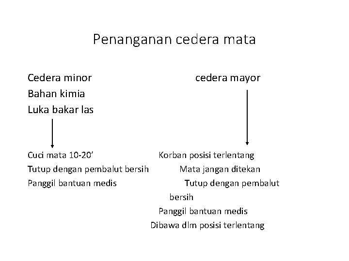 Penanganan cedera mata Cedera minor Bahan kimia Luka bakar las cedera mayor Cuci mata