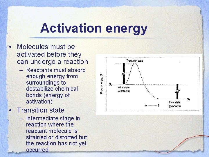 Activation energy • Molecules must be activated before they can undergo a reaction –