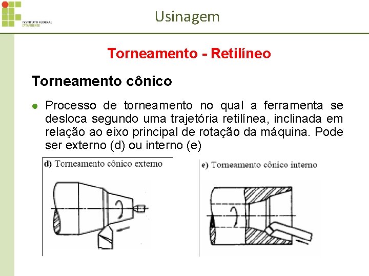 Usinagem Torneamento - Retilíneo Torneamento cônico l Processo de torneamento no qual a ferramenta