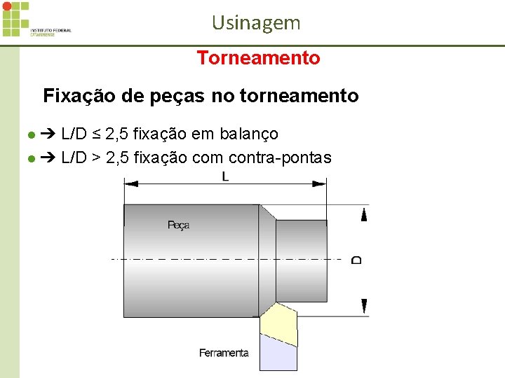 Usinagem Torneamento Fixação de peças no torneamento l ➔ L/D ≤ 2, 5 fixação