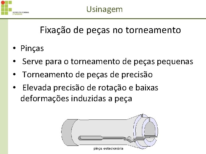 Usinagem Fixação de peças no torneamento • • Pinças Serve para o torneamento de