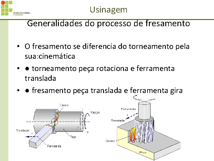 Usinagem Generalidades do processo de fresamento • O fresamento se diferencia do torneamento pela