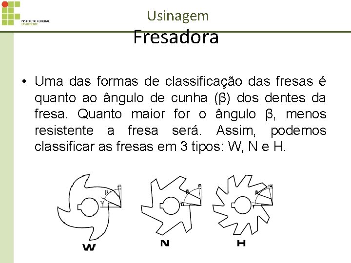 Usinagem Fresadora • Uma das formas de classificação das fresas é quanto ao ângulo
